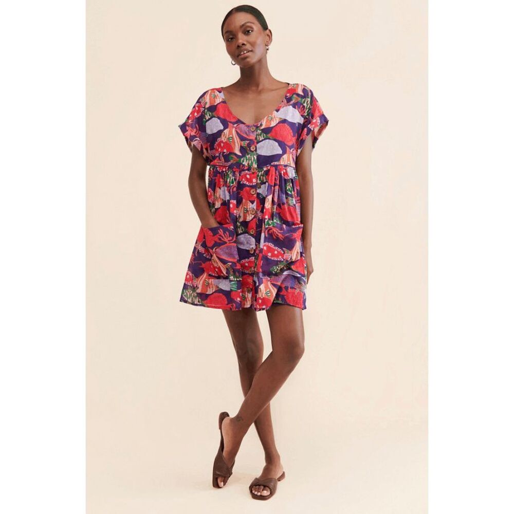 Free People Purple Motif Oceana Short Sleeve Mini Dress Women's Size Small